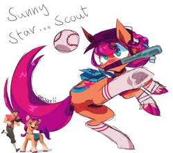 Size: 640x568 | Tagged: safe, artist:anwa-gows-uwu, imported from derpibooru, sunny starscout, earth pony, human, pony, ball, baseball, baseball bat, butt, cap, crossover, dock, female, g5, hat, male, mare, mouth hold, name pun, plot, pun, reference, scout, simple background, solo, sports, sunny starbutt, tail, team fortress 2, visual pun, white background