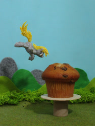 Size: 1383x1844 | Tagged: safe, alternate version, artist:malte279, imported from derpibooru, part of a set, derpy hooves, pony, 3d print, 3d printing pen, craft, cute, derpabetes, flying, food, irl, muffin, photo, sculpture, solo, that pony sure does love muffins