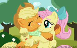 Size: 1280x797 | Tagged: safe, artist:autisticeli, imported from derpibooru, applejack, fluttershy, earth pony, pegasus, pony, appleshy, bow, eyes closed, female, fluffy, hair bow, hug, lesbian, ponytail, shipping, unshorn fetlocks