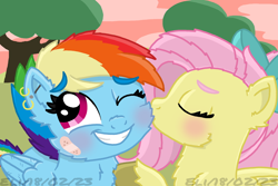 Size: 1280x854 | Tagged: safe, artist:autisticeli, imported from derpibooru, fluttershy, rainbow dash, pegasus, pony, bandaid, blushing, bow, cheek kiss, ear piercing, earring, eyes closed, female, flutterdash, hair bow, jewelry, kissing, lesbian, mare, one eye closed, piercing, shipping, smiling