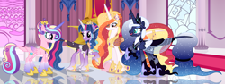 Size: 4352x1632 | Tagged: safe, artist:pastelnightyt, imported from derpibooru, princess cadance, princess celestia, princess luna, twilight sparkle, pony, alicorn tetrarchy, alternate design, base used, crown, hoof shoes, jewelry, reflection, regalia, throne room, twilight sparkle (alicorn)