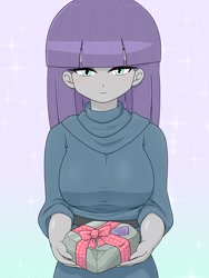 Size: 1536x2048 | Tagged: safe, artist:batipin, imported from derpibooru, maud pie, human, equestria girls, breasts, busty maud pie, female, gradient background, looking at you, present, rock, smiling, solo, when she smiles