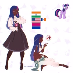 Size: 2048x2048 | Tagged: safe, artist:cryweas, imported from derpibooru, tempest shadow, twilight sparkle, alicorn, human, pony, american flag, anklet, asian, belly button, belly piercing, bisexual pride flag, blushing, bracelet, clothes, cute, dark skin, eye scar, eyeshadow, facial scar, female, gloves, heart, high heels, humanized, india, indian, jewelry, lesbian, lipstick, magic, makeup, mare, midriff, pants, piercing, pride, pride flag, ring, scar, shipping, shirt, shoes, simple background, skirt, socks, solo, stockings, tattoo, tempestlight, thigh highs, twiabetes, twilight sparkle (alicorn), white background