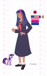 Size: 1251x2048 | Tagged: safe, artist:cryweas, imported from derpibooru, twilight sparkle, alicorn, human, pony, american flag, asian, bisexual pride flag, bracelet, clothes, cute, female, flats, glasses, grin, hairband, humanized, japan, japanese, jewelry, mare, pride, pride flag, school uniform, shirt, shoes, simple background, skirt, smiling, socks, twiabetes, twilight sparkle (alicorn), white background