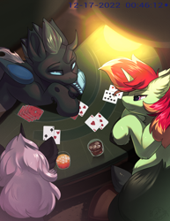 Size: 3300x4280 | Tagged: safe, artist:beardie, imported from derpibooru, oc, oc only, oc:jonin, oc:tarsi, changeling, unicorn, blackjack, casino, changeling oc, commission, drink, horn, playing card, trio, unicorn oc