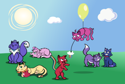 Size: 1200x800 | Tagged: safe, artist:magerblutooth, imported from derpibooru, applejack, diamond tiara, fluttershy, pinkie pie, rainbow dash, rarity, twilight sparkle, butterfly, cat, :3, apple, applecat, balloon, bell, cat bell, cat teaser, catified, cloud, collar, commission, cowering, cutie mark accessory, cutie mark collar, eyes closed, fangs, floating, floppy ears, fluttercat, food, grass, grin, hair over one eye, looking at each other, looking at someone, looking away, mane six, mouth hold, neckerchief, nervous, nervous grin, nervous sweat, open mouth, open smile, outdoors, pinkie cat, rainbow cat, raricat, rearing, sitting, sky, smiling, species swap, sun, sweat, sweatdrop, tail, tail bell, then watch her balloons lift her up to the sky, twilight cat