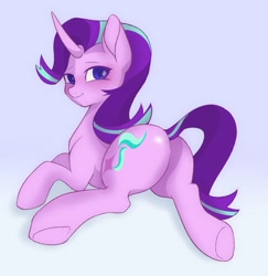 Size: 1439x1481 | Tagged: safe, artist:twilightsparkee, imported from derpibooru, starlight glimmer, pony, unicorn, butt, female, glimmer glutes, gradient background, looking at you, looking back, looking back at you, mare, plot, smiling, smiling at you, solo, tail, tail aside, underhoof