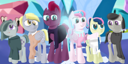 Size: 4000x2000 | Tagged: safe, artist:squishment, bon bon, derpy hooves, fizzlepop berrytwist, marble pie, octavia melody, princess flurry heart, sweetie drops, tempest shadow, alicorn, earth pony, pegasus, unicorn, alternate hairstyle, broken horn, chest fluff, clothes, crystal heart, female, folded wings, high res, hoodie, horn, mare, older, open mouth, ponytail, short tail, sweater, turtleneck, wings