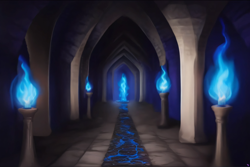 Size: 3072x2048 | Tagged: safe, imported from twibooru, background, blue fire, castle of the royal pony sisters, fanfic art, hallway, image, machine learning generated, nightmare moon timeline, no pony, png, portal, purplesmart.ai, stable diffusion