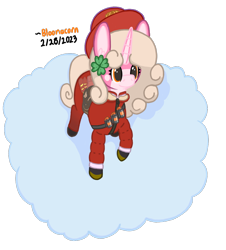 Size: 848x936 | Tagged: safe, artist:bloonacorn, oc, oc only, oc:bloona blazes, pony, unicorn, clothes, cloud, female, hat, horn, mare, simple background, solo, team fortress 2, transparent background, unicorn oc