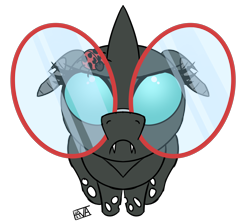 Size: 4500x4000 | Tagged: safe, artist:evan555alpha, imported from ponybooru, oc, oc only, oc:yvette (evan555alpha), changeling, insect, ladybug, :c, angry, broach, changeling oc, colored sketch, cute, dorsal fin, ears, evan's daily buggo ii, fangs, female, floppy ears, frown, glare, glasses, looking at you, looking up, perspective, round glasses, signature, simple background, sitting, sketch, solo, transparent background, unamused