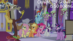 Size: 2000x1125 | Tagged: safe, edit, edited screencap, editor:quoterific, imported from derpibooru, screencap, applejack, discord, fluttershy, pinkie pie, rainbow dash, rarity, spike, twilight sparkle, alicorn, the summer sun setback, breaking the fourth wall, butt, canterlot castle, fourth wall, mane seven, mane six, plot, statue, twibutt, twilight sparkle (alicorn)