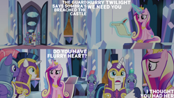 Size: 2000x1125 | Tagged: safe, edit, edited screencap, editor:quoterific, imported from derpibooru, screencap, princess cadance, shining armor, alicorn, pony, unicorn, the beginning of the end, armor, crystal empire, crystal guard, crystal guard armor, helmet, male, quill, royal guard, scroll, stallion, throne