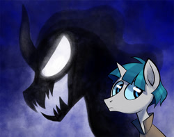 Size: 900x709 | Tagged: safe, artist:joeparraallen, imported from derpibooru, pony of shadows, stygian, pony, shadow pony, unicorn, abstract background, duo, evil, evil grin, glowing, glowing eyes, grin, male, sharp teeth, smiling, stallion, teeth