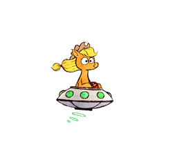 Size: 1200x1100 | Tagged: safe, artist:horsewizardart, imported from derpibooru, applejack, earth pony, pony, driving, female, flying saucer, mare, no iris, simple background, smiling, solo, steering wheel, ufo, white background, windswept mane