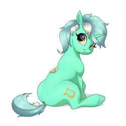 Size: 3200x3200 | Tagged: safe, artist:aquaticvibes, imported from derpibooru, lyra heartstrings, pony, unicorn, female, horn, looking back, mare, note, silly, silly pony, simple background, sitting, solo, sticky note, white background