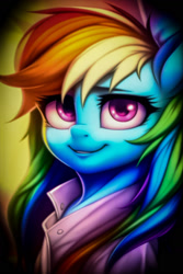 Size: 1152x1728 | Tagged: safe, imported from derpibooru, rainbow dash, anthro, pegasus, ai content, ai generated, bust, clothes, cute, female, generator:novelai, generator:stable diffusion, looking at you, portrait, prompter:endless--, smiling, smiling at you, solo
