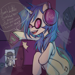 Size: 1000x1000 | Tagged: safe, artist:sizack, imported from derpibooru, dj pon-3, octavia melody, vinyl scratch, earth pony, pony, unicorn, anatomically incorrect, angry, bambee, duo, female, grumpy, headphones, incorrect leg anatomy, lesbian, scratchtavia, shipping, singing, solo focus, song reference