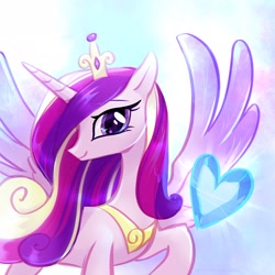Size: 2048x2048 | Tagged: safe, artist:qwennondeathdie, imported from derpibooru, princess cadance, alicorn, pony, colored wings, crown, crystal heart, female, high res, jewelry, mare, multicolored wings, regalia, solo, spread wings, wings