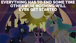 Size: 1920x1080 | Tagged: safe, edit, edited screencap, editor:quoterific, imported from derpibooru, screencap, princess celestia, princess luna, twilight sparkle, alicorn, the summer sun setback, doctor who, twilight sparkle (alicorn)