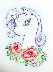 Size: 500x674 | Tagged: safe, artist:sheepingly, imported from derpibooru, rarity, pony, unicorn, bust, colored pencil drawing, flower, solo, traditional art