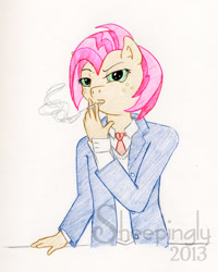 Size: 658x823 | Tagged: safe, artist:sheepingly, imported from derpibooru, babs seed, anthro, earth pony, cigarette, clothes, commission, smoking, solo, suit, traditional art