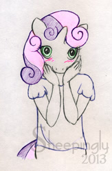 Size: 563x866 | Tagged: safe, artist:sheepingly, imported from derpibooru, sweetie belle, anthro, unicorn, blushing, commission, hands on cheeks, solo, traditional art