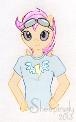 Size: 422x673 | Tagged: safe, artist:sheepingly, imported from derpibooru, scootaloo, anthro, pegasus, clothes, commission, goggles, goggles on head, hand on hip, shirt, solo, t-shirt, wonderbolts logo