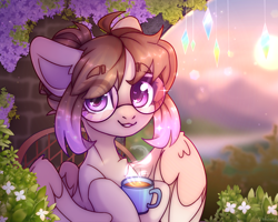 Size: 4000x3200 | Tagged: safe, artist:radioaxi, imported from derpibooru, oc, oc only, pegasus, pony, cup, cute, eye clipping through hair, female, food, glasses, high res, holding, looking at you, mare, ocbetes, solo, tea