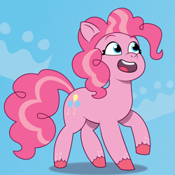 Size: 1200x1200 | Tagged: safe, artist:prixy05, imported from derpibooru, pinkie pie, earth pony, pony, g4, g4 to g5, g5, generation leap, light blue background, my little pony: tell your tale, open mouth, open smile, simple background, smiling, solo