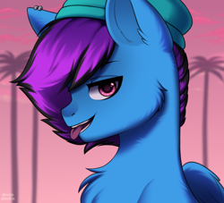 Size: 1540x1400 | Tagged: safe, artist:alunedoodle, imported from derpibooru, oc, oc only, oc:neon dreams, pegasus, pony, beanie, cheek fluff, chest fluff, commission, evening, fluffy, hat, looking at you, male, palm tree, pegasus oc, piercing, sky, smiling, smiling at you, smirk, smug, solo, tongue out, tree, two toned mane, ych result