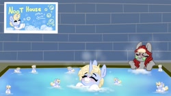 Size: 1280x720 | Tagged: safe, artist:nootaz, imported from derpibooru, oc, oc:nootaz, oc:void, pegasus, pony, unicorn, bath, bathhouse, blushing, duo, eyes closed, female, mare, partially submerged, steam, washcloth