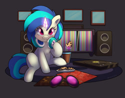 Size: 1523x1200 | Tagged: safe, artist:talimingi, imported from derpibooru, dj pon-3, vinyl scratch, pony, unicorn, chocolate, chocolate milk, cookie, cute, female, food, glasses off, glowing, glowing horn, headphones, horn, levitation, looking at you, magic, mare, milk, record player, smiling, smiling at you, solo, speaker, sunglasses, telekinesis, turntable, vinylbetes