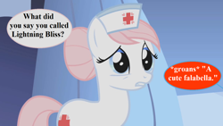 Size: 1280x720 | Tagged: safe, edit, edited screencap, imported from derpibooru, screencap, nurse redheart, earth pony, pony, applebuck season, berserk button, dialogue, hat, implied oc, nurse hat, offscreen character, solo, speech bubble, this ended in pain