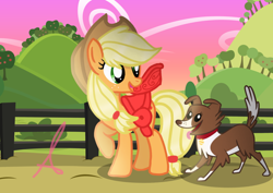 Size: 1024x727 | Tagged: safe, artist:annisathegood, artist:atomicgreymon, artist:estories, artist:meadow611, imported from derpibooru, applejack, winona, dog, earth pony, pony, bag, cowboy hat, duo, duo female, female, hat, mare, open mouth, open smile, saddle, smiling, sunset, tack, tree