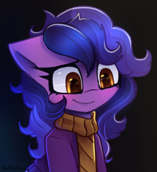 Size: 2601x2840 | Tagged: safe, artist:opal_radiance, imported from derpibooru, oc, oc only, oc:starset melody, pony, clothes, dark background, scarf, solo