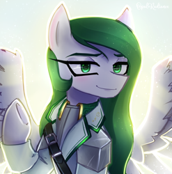 Size: 2268x2300 | Tagged: safe, artist:opal_radiance, imported from derpibooru, oc, oc only, oc:diandra greenline, pegasus, pony, eyebrows, female, high res, looking at you, mare, pegasus oc, smiling, smiling at you, solo, spread wings, wings