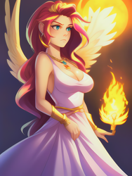 Size: 1020x1360 | Tagged: safe, imported from derpibooru, sunset shimmer, human, ai content, ai generated, angelic wings, bare shoulders, bracer, breasts, busty sunset shimmer, clothes, dress, female, fire, generator:novelai, generator:stable diffusion, gold, humanized, jewelry, light skin, necklace, prompter:sammykun, serious, serious face, simple background, skirt, sleeveless, solo, spread wings, white dress, wings