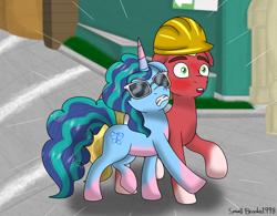 Size: 3880x3030 | Tagged: safe, artist:lynnthenerdkitty, imported from derpibooru, sprout cloverleaf, earth pony, pony, unicorn, accidental encounter, awkward, blushing, bumping, clothes, commission, duo, eyes closed, female, g5, hard hat, hat, male, mare, maretime bay, misty brightdawn, mistyclover, shipping, stallion, straight, sunglasses, walking