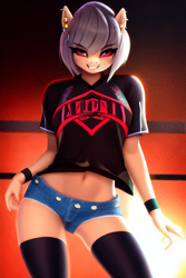 Size: 512x768 | Tagged: safe, editor:vilkathewolf, imported from derpibooru, anthro, earth pony, ai content, ai generated, bangs, clothes, ear piercing, emo, female, piercing, red sclera, shirt, short hair, shorts, smug, solo, t-shirt, zettai ryouiki