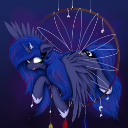 Size: 4000x4000 | Tagged: safe, artist:ser-p, imported from derpibooru, princess luna, alicorn, pony, absurd resolution, adorable distress, commission, commissioner:shaddar, crown, cute, dream walker luna, dreamcatcher, dreamcaught luna, feather, female, funny, hoof shoes, horn, jewelry, lunabetes, mare, peytral, regalia, silly, solo, spread wings, stuck, wings