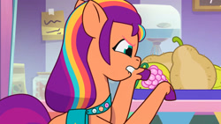 Size: 3072x1727 | Tagged: safe, imported from derpibooru, screencap, sunny starscout, earth pony, pony, spoiler:g5, spoiler:my little pony: tell your tale, spoiler:tyts01e47, female, food, g5, grapes, lip bite, mane stripe sunny, mare, my little pony: tell your tale, solo, sunny's smoothie moves