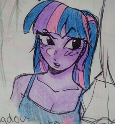 Size: 1209x1305 | Tagged: safe, artist:dulcesilly, imported from derpibooru, twilight sparkle, human, bare shoulders, clothes, female, humanized, sleeveless, solo, tanktop, traditional art