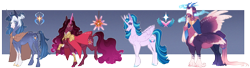 Size: 3880x1062 | Tagged: safe, artist:yozora122, imported from derpibooru, oc, oc only, oc:merlin, oc:midnight willow, oc:paradox, oc:scarlet prism, alicorn, pony, taur, unicorn, armor, cape, cloak, clothes, cloven hooves, crystal horn, facial scar, female, horn, interspecies offspring, magical lesbian spawn, male, mare, offspring, parent:king sombra, parent:lord tirek, parent:starlight glimmer, parent:stygian, parent:twilight sparkle, parents:twibra, parents:twigian, parents:twirek, parents:twistarlight, passepartout, scar, simple background, stallion, transparent background, unshorn fetlocks, veil