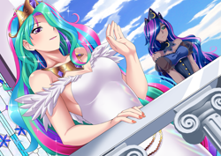 Size: 1637x1158 | Tagged: safe, artist:meielf, imported from derpibooru, kotobukiya, princess celestia, princess luna, human, balcony, dark skin, duo, duo female, female, humanized, kotobukiya princess celestia, kotobukiya princess luna, light skin, waving