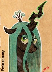 Size: 1155x1606 | Tagged: safe, artist:midoricorey, imported from derpibooru, queen chrysalis, changeling, changeling queen, bust, lidded eyes, solo, traditional art