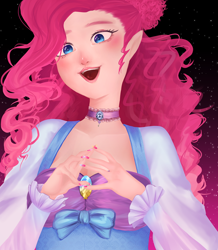 Size: 780x896 | Tagged: safe, artist:tatsuk0, imported from derpibooru, pinkie pie, human, choker, clothes, dress, female, humanized, light skin, open mouth, solo