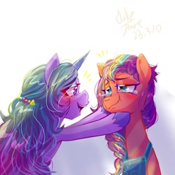 Size: 1280x1280 | Tagged: safe, artist:jully-park, idw, imported from derpibooru, izzy moonbow, sunny starscout, earth pony, pony, unicorn, spoiler:g5comic10, digital art, duo, duo female, female, g5, mare, redraw, scene interpretation, shipping fuel