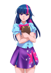 Size: 1158x1637 | Tagged: safe, artist:meielf, imported from derpibooru, twilight sparkle, human, equestria girls, book, clothes, explicit source, female, human coloration, legs, light skin, simple background, skirt, solo, white background