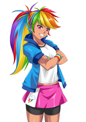 Size: 1158x1637 | Tagged: safe, artist:meielf, imported from derpibooru, kotobukiya, rainbow dash, human, clothes, crossed arms, explicit source, female, humanized, kotobukiya rainbow dash, legs, masculine, moderate dark skin, simple background, skirt, solo, white background